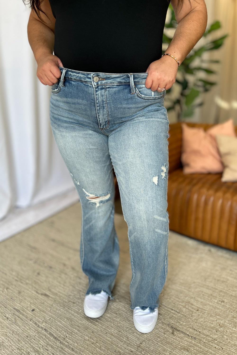 Judy Blue US Flare Jeans Medium Rise Tummy Control Destroy Denim Pants c2bb6d32-f3c7-466a-8d90-fd2413651ce2-Max Trendsi