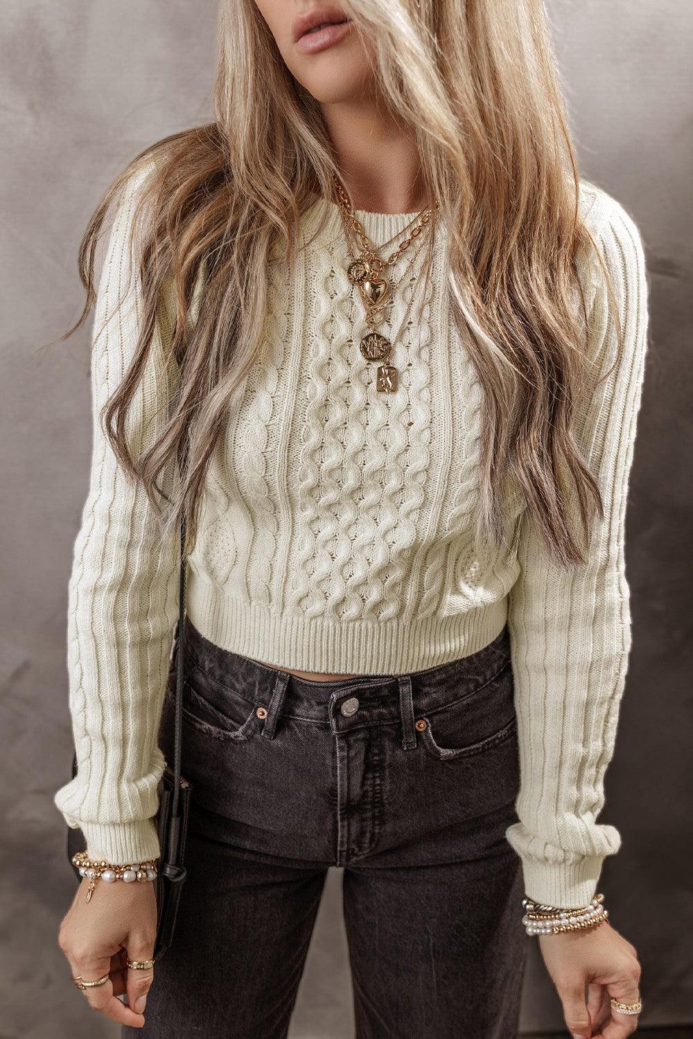 Crop Sweater Cable-Knit Round Neck Long Sleeve Ivory c2bdbf8f-82e2-44e5-bee3-d74d407f9663-Max Trendsi