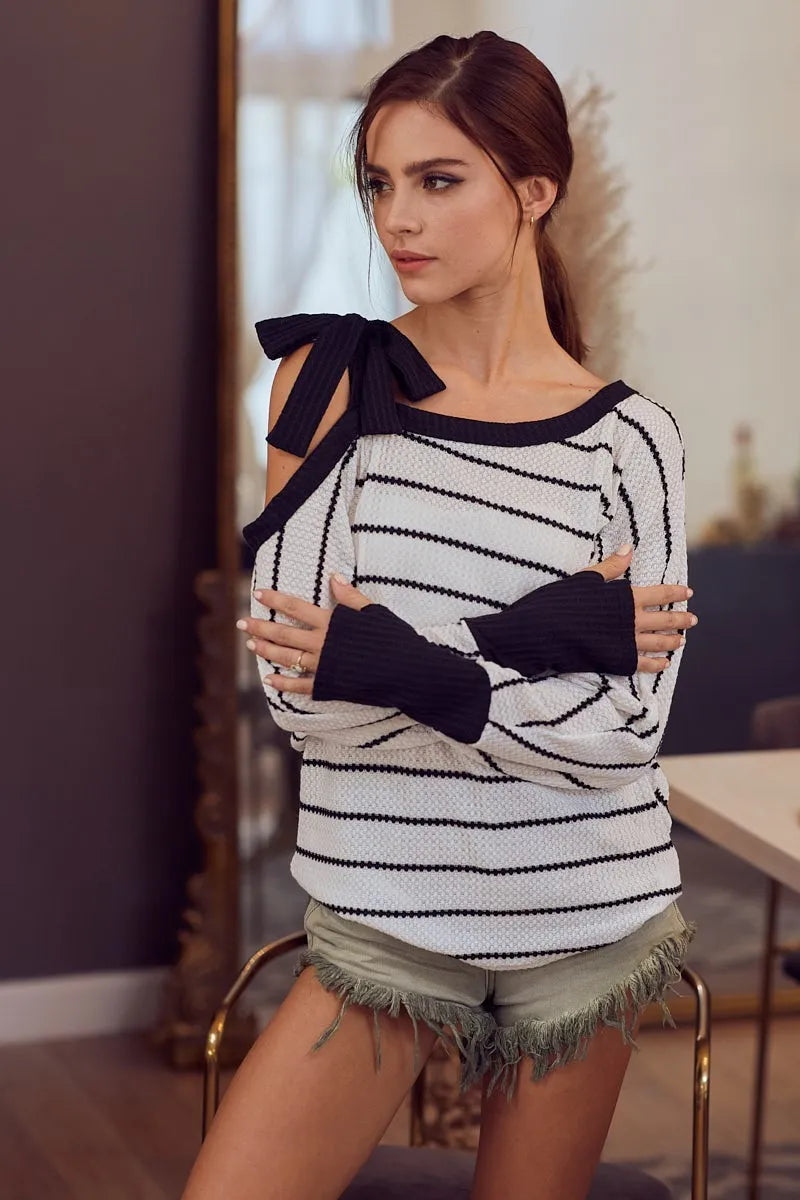 BiBi Blouse Stripe Yarn Dye Waffle One Shoulder Ribbon Detail Top c2ceef0ecc064416bbb5469597f1f913-Max-Origin Trendsi