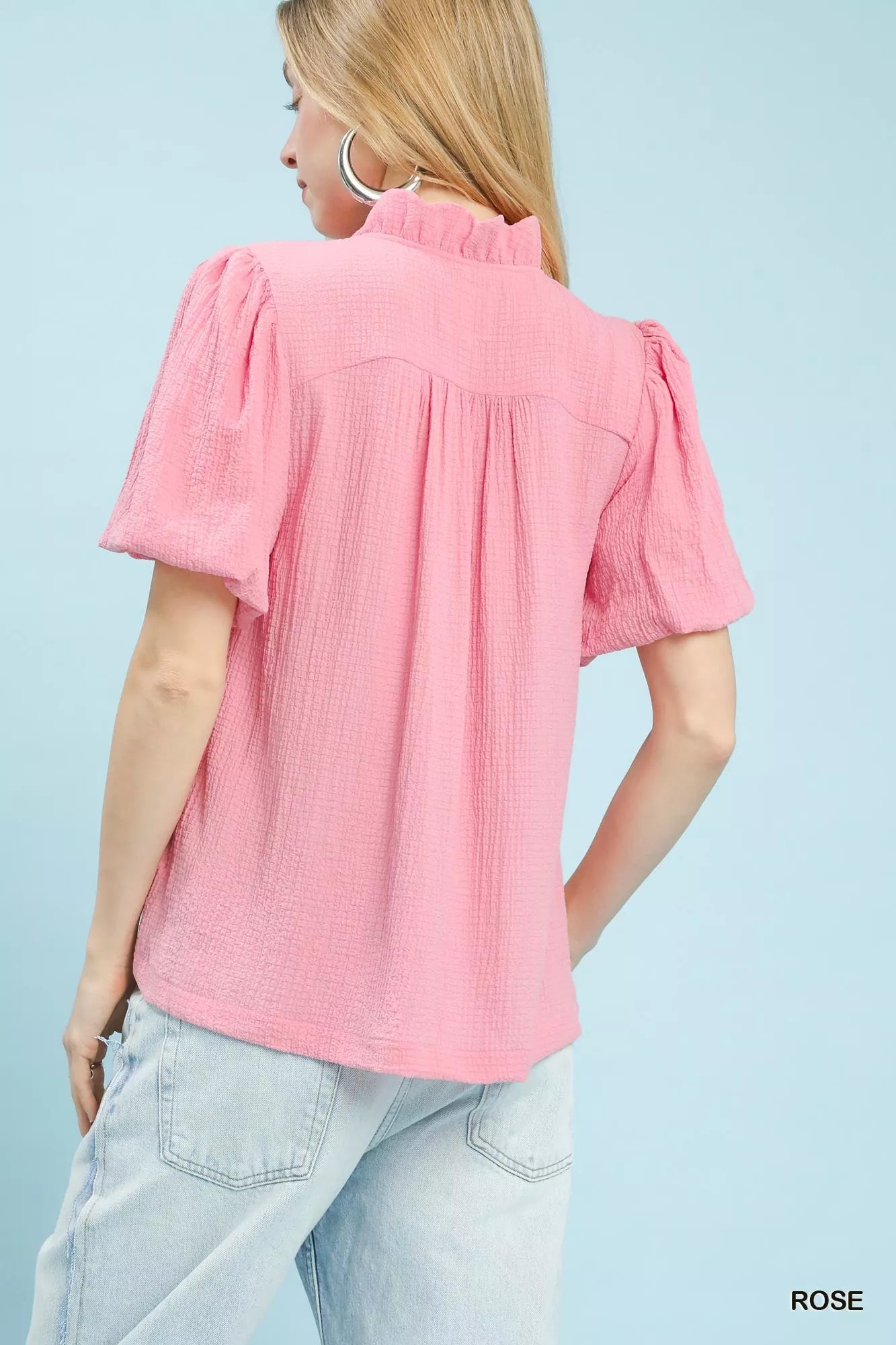 Umgee Blouse Rose Pink Seersucker Puff Short Sleeve Top c2d0315d-8679-4c67-b971-3cf2499c146e-Max-Origin Trendsi