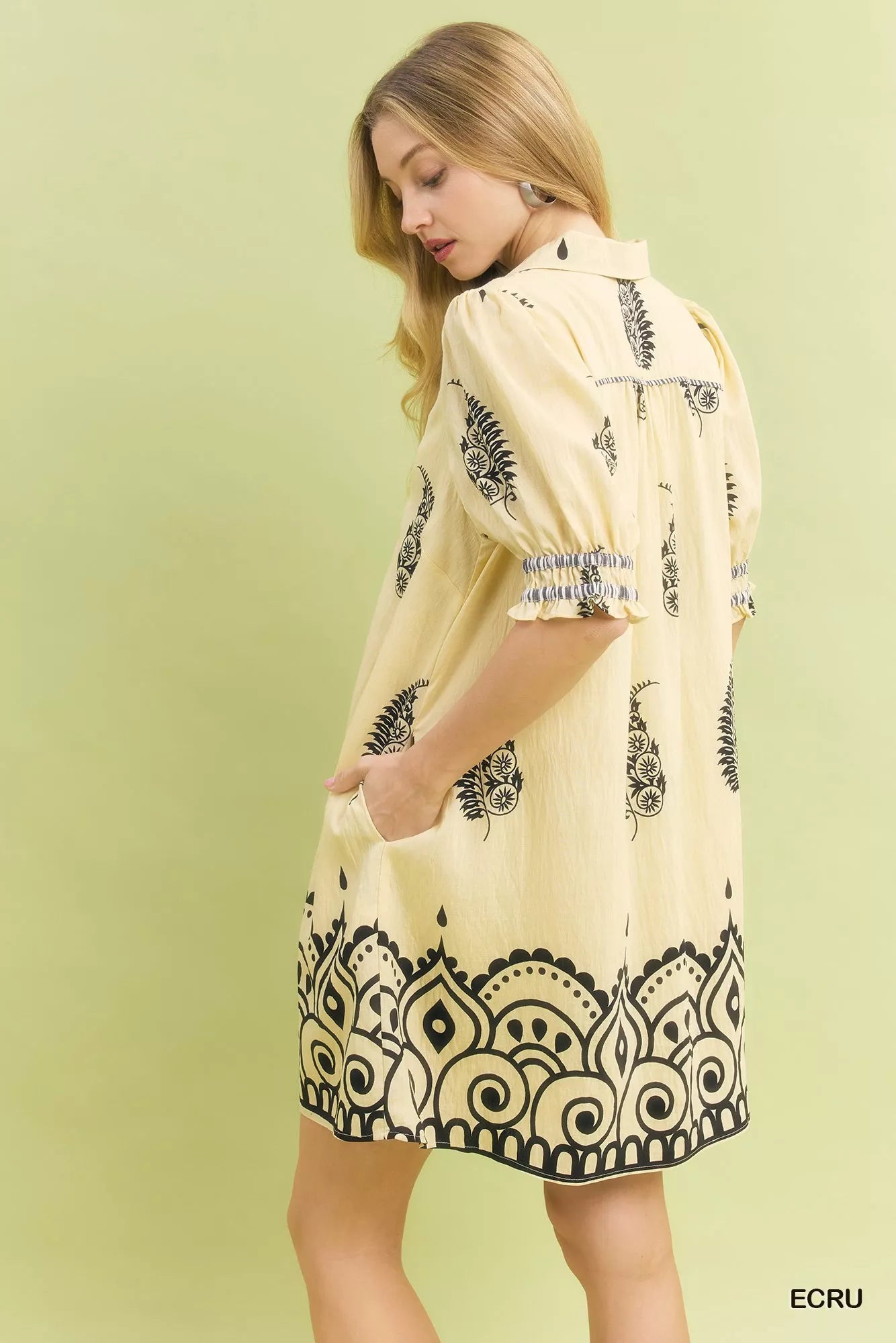 Umgee Babydoll Dress Ecru Paisley Mandala Print Short Puff Sleeve Smocked c2d1cbcc-2280-42a7-b99d-b99fcbffcd8f-Max-Origin Trendsi