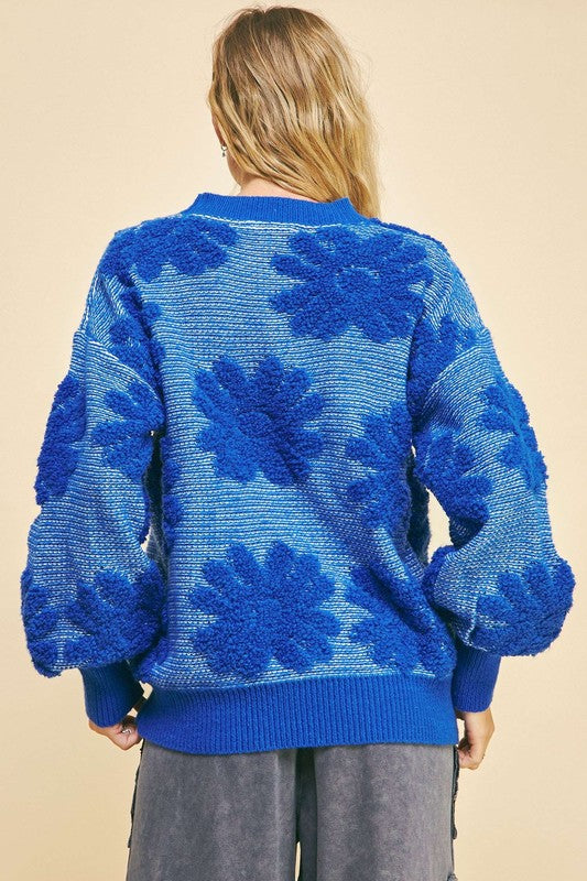Flower Texture Sweater Blue Davi & Dani USA Round Neck Long Sleeve Pullover c2d34bd5-2693-4219-86ff-8547a78e4bd9-Max Trendsi