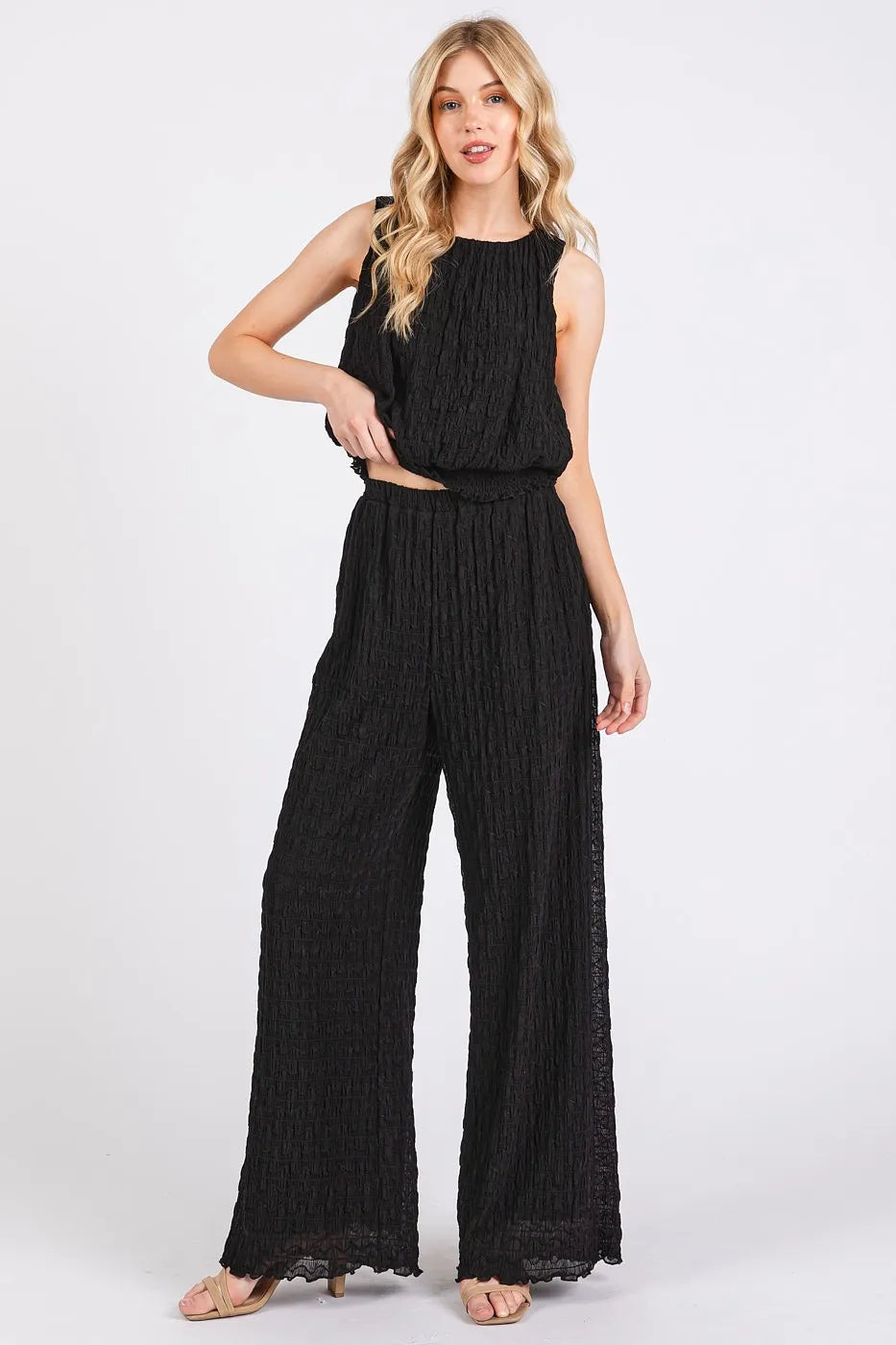 Mittoshop Crop Tank and Pants Set Black Textured Stretchy Ruched Outfit Set c2d77d01dd8b4e7690a9025bf3103fb2-Max-Origin Trendsi