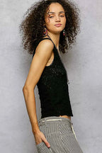 POL Tank Top Black Textured Knit V-Neck with Lace Trim Blouse c2e45822-621f-4a8f-bbcd-a8b5a60b75f4-Max-Origin Trendsi