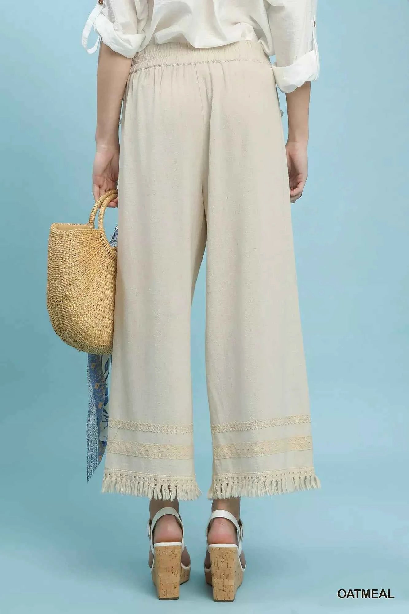 Umgee Wide Leg Linen Pants Lace Trim Fringe Hem Elastic Waist c2e7d2ae-bdc9-44ad-9b2c-12ecf14fa385-Max-Origin Trendsi