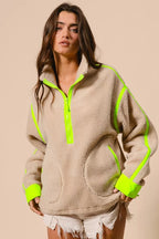 BiBi Womens Sherpa Jacket Neon Green Contrast Edge Half Zip Up Outwear c2ea198c6ecb483aa1c51e1fb54a07e9-Max-Origin Trendsi