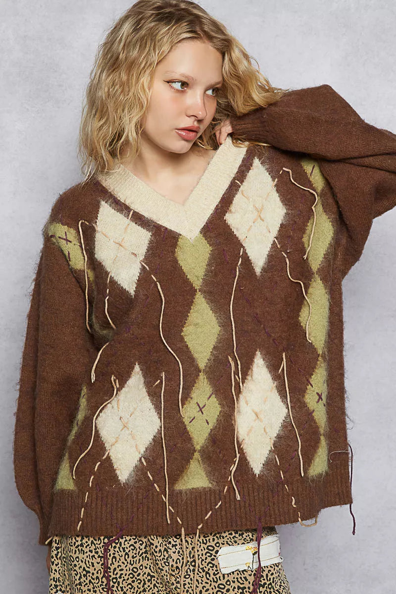 POL Sweater V-Neck Mocha Argyle Pattern Mohair with Contrast Exposed Stitch c2edff75-dfca-430a-9a64-2fa45587bfb6-Max-Origin Trendsi
