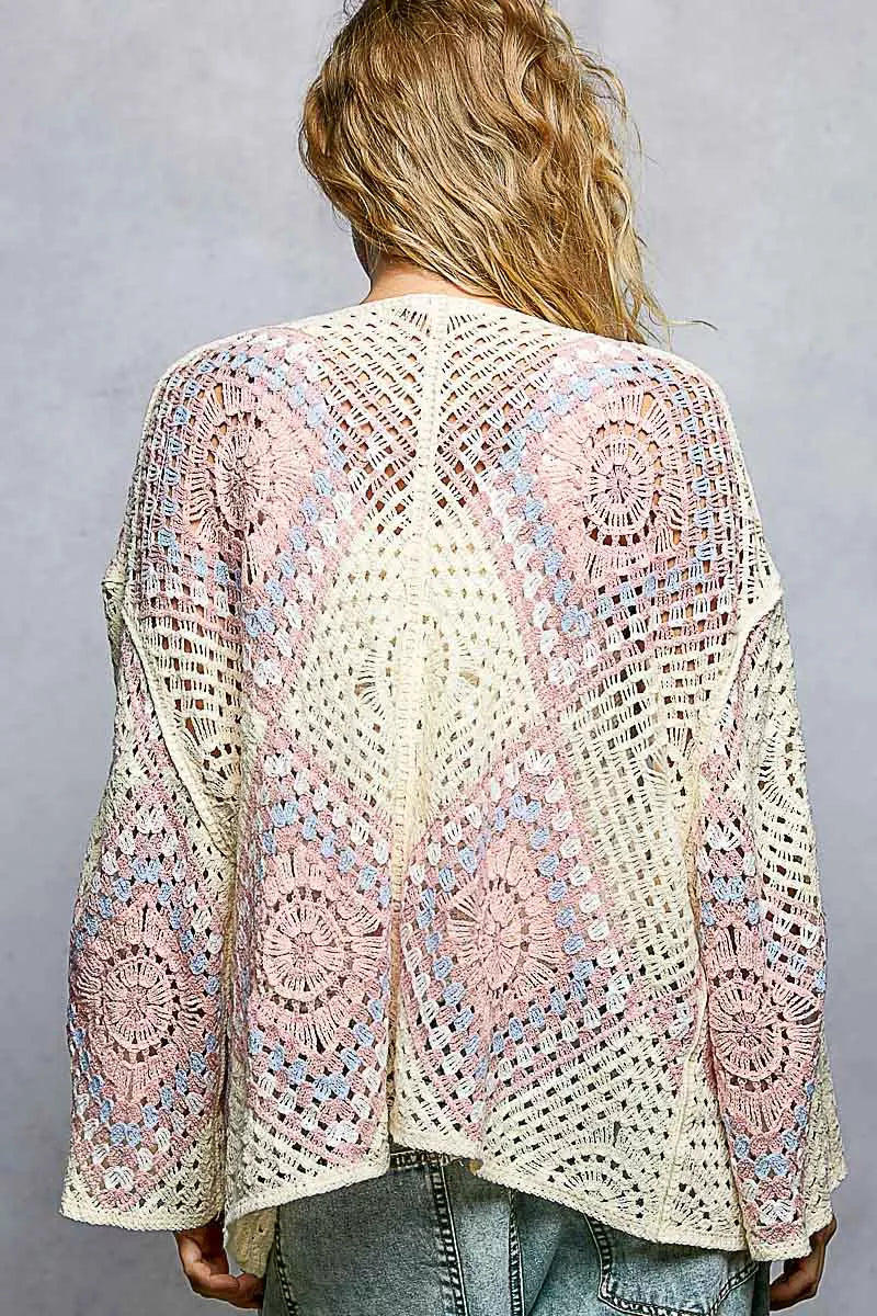 POL Crochet Cardigan Ivory Pink Open Front with Granny Square Pattern c2fef46f-c0d1-4cc0-af2b-78a09b62436b-Max-Origin Trendsi