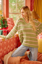 BiBi Womens Sweater Striped Sage Green Long Sleeve Oversized Pullover c3048e20ea384ff4af259ecb46a4405f-Max-Origin Trendsi