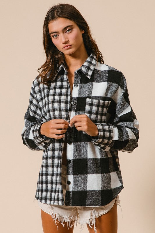 BiBi Women Shirt Black Plaid Fleece US Stock Button Down Long Sleeve