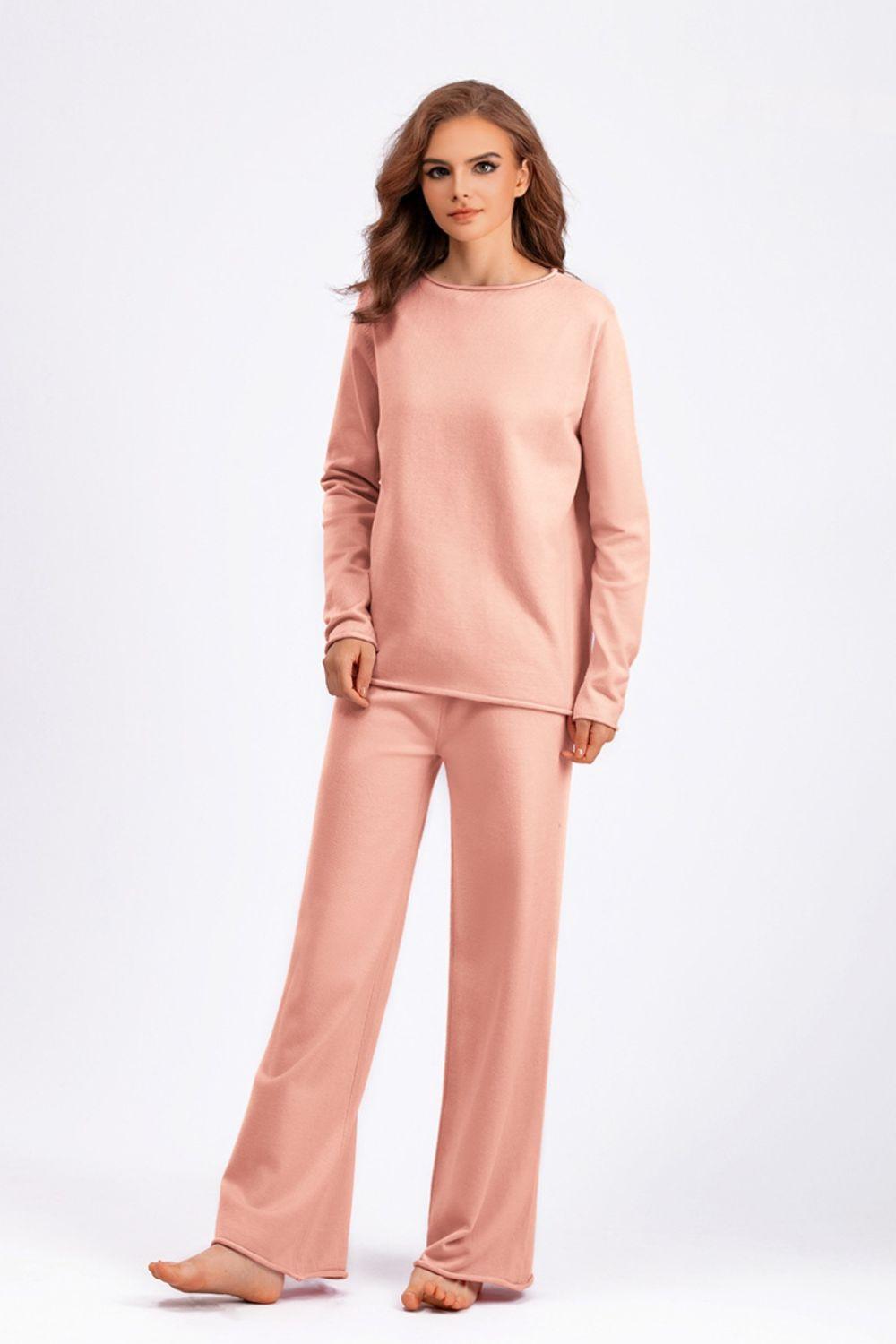 Basic Bae Outfit Sweater Set Rolled Edges Round Neck Long Sleeve Top Pants