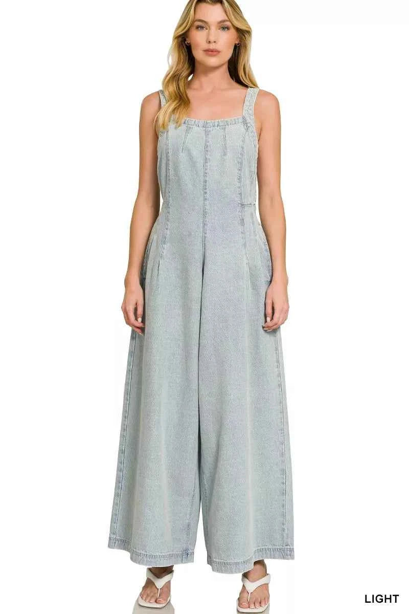 Zenana Denim Overalls Light Washed Wide Leg Cotton Jumpsuit c31d72309c1d453eaf1d34c4b310c033-Max-Origin Trendsi