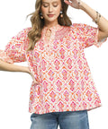 Umgee Mix Boho Puff Sleeve Smocked Top with Split V-Neck and Bullion Stitch Detailing
