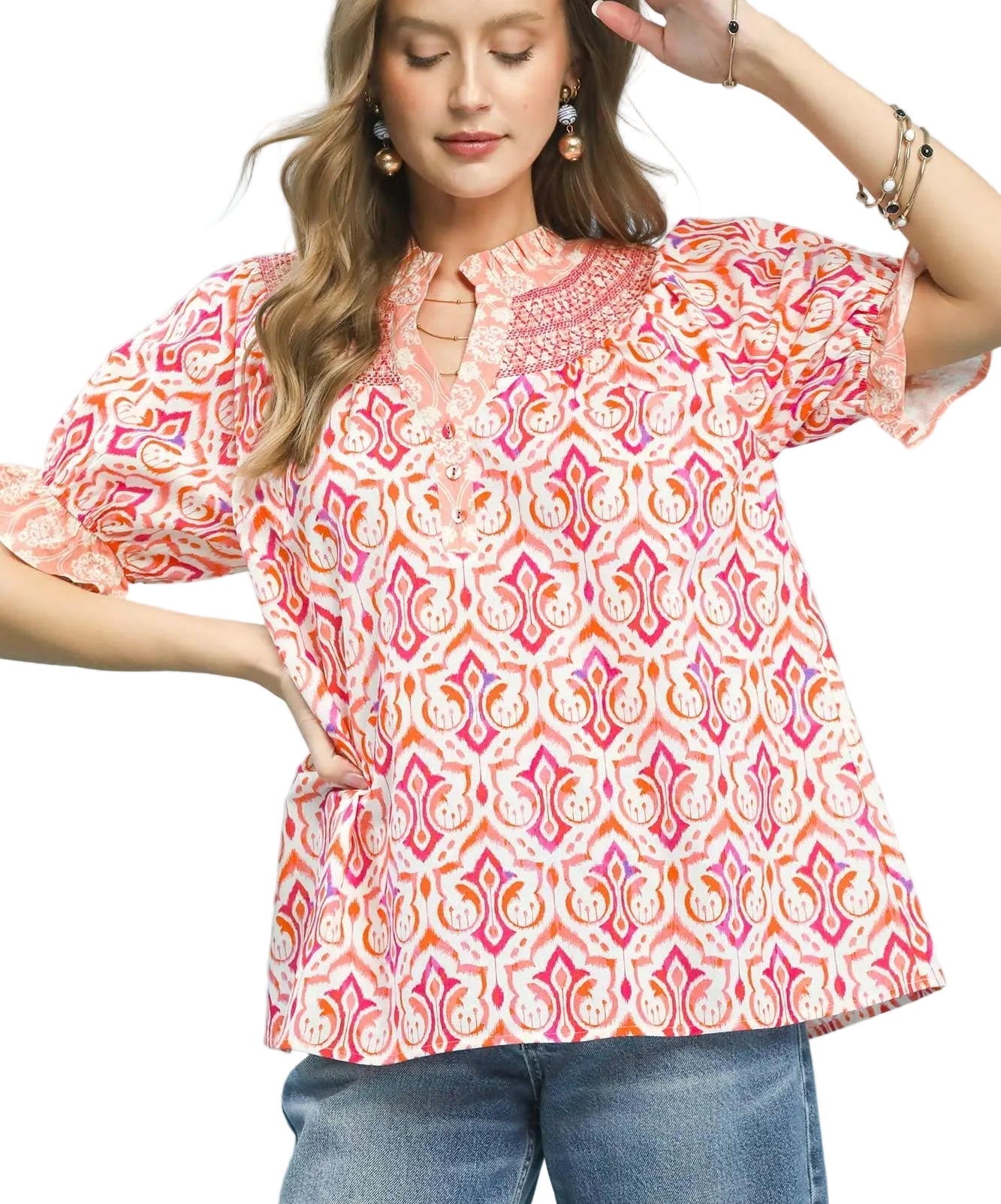 Umgee Mix Boho Puff Sleeve Smocked Top with Split V-Neck and Bullion Stitch Detailing