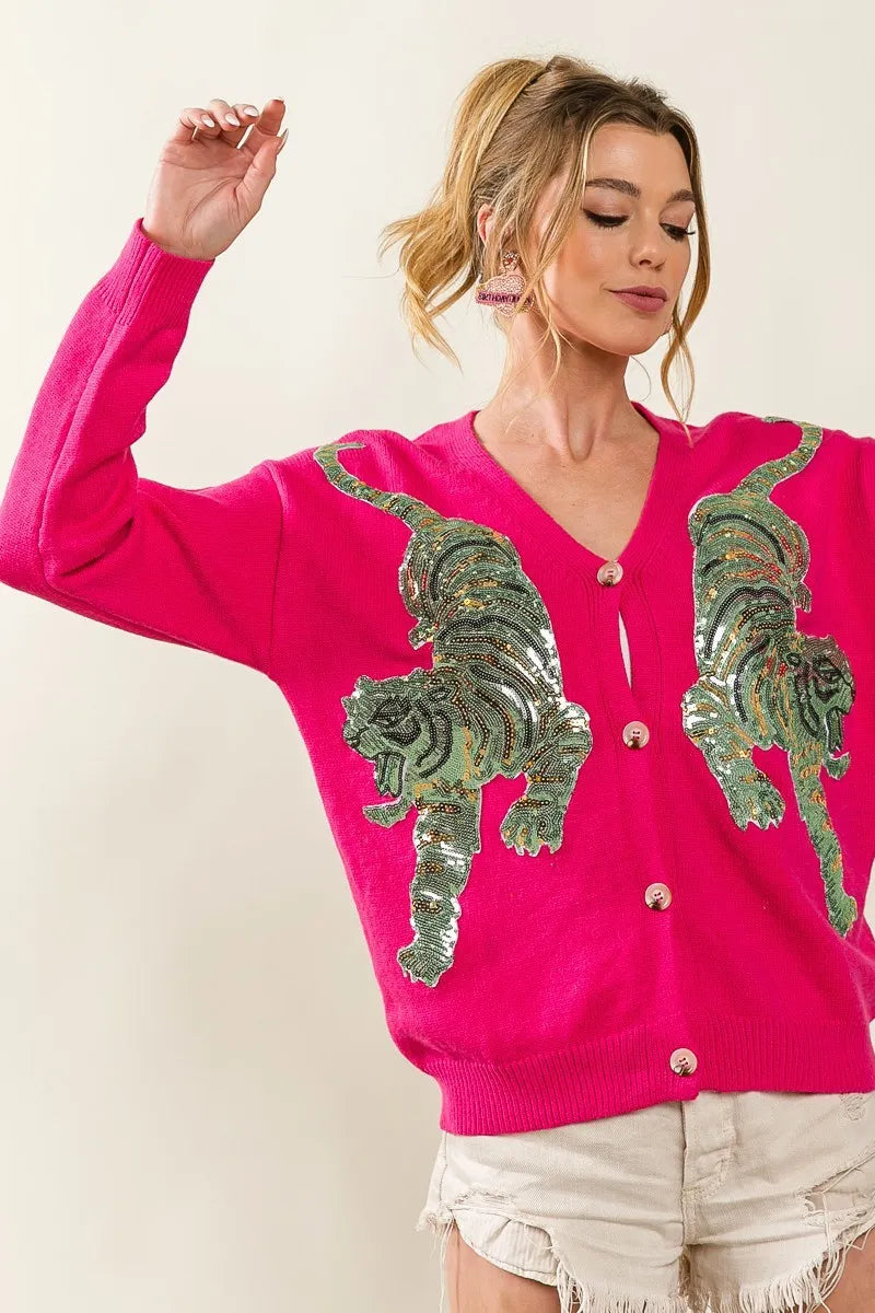 BiBi Cardigan Front Tiger Sequin Patch V-neck Fuchsia Pink Buttoned