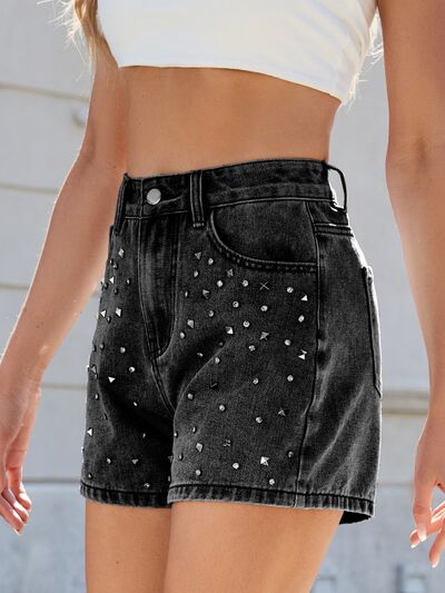 Moni Wear Denim Shorts Women's Rhinestone Washed High Waist c3446e75-cf21-4146-990d-61471f5bf43d-Min Trendsi