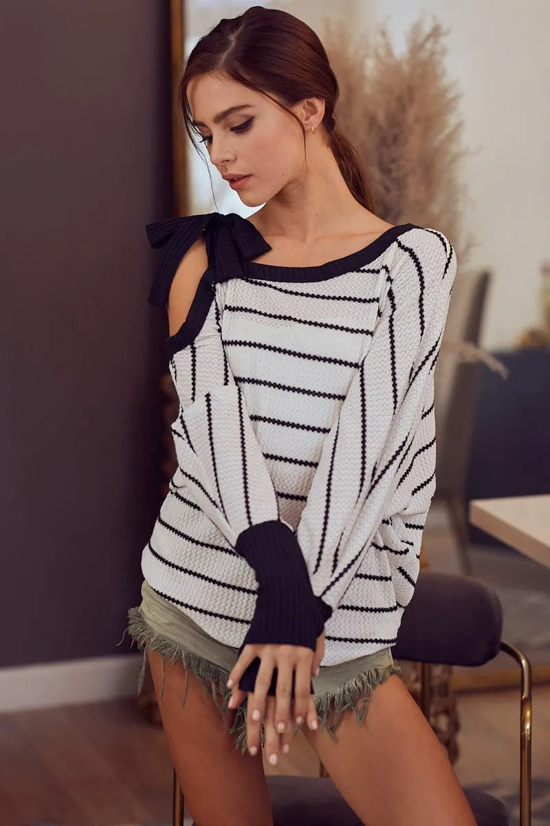 BiBi Blouse Stripe Yarn Dye Waffle One Shoulder Ribbon Detail Top c34667e62f2c4833a9f07ad1c9406aab-Max-Origin Trendsi