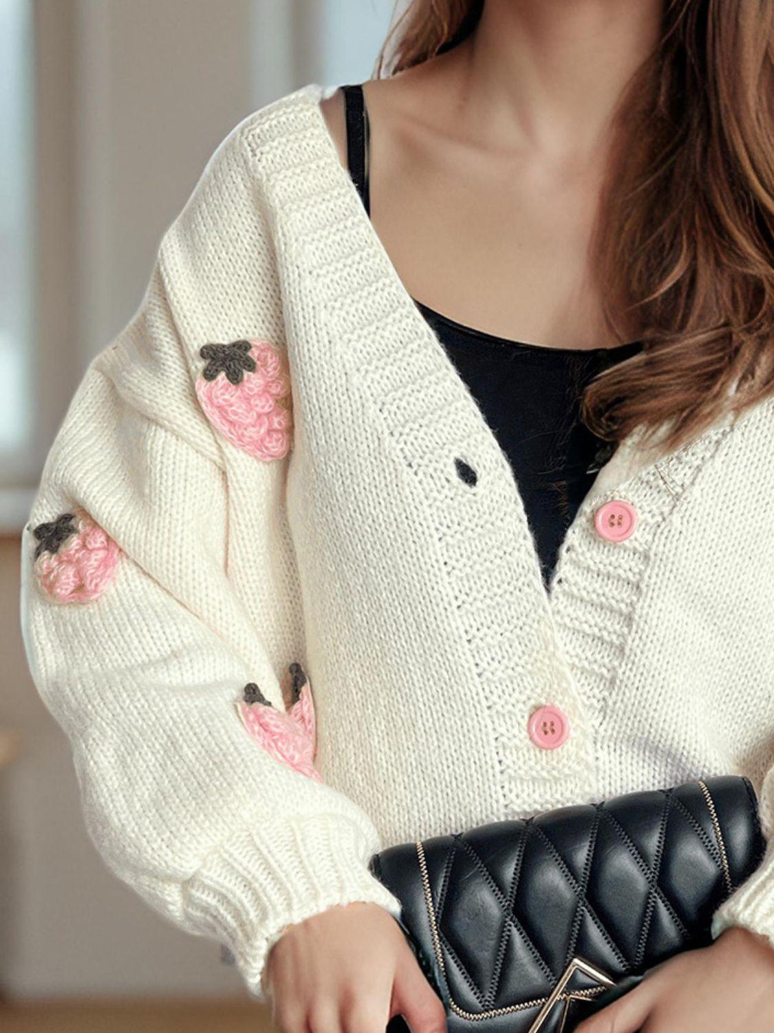 Crochet Cardigan Strawberry Embroidery V-Neck Long Sleeve Knitwear c3561dae-db55-4f5d-87da-04636e5e7e13-Max Trendsi