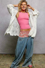 POL Openwork Lightweight Open Front Cardigan with Scalloped Edge