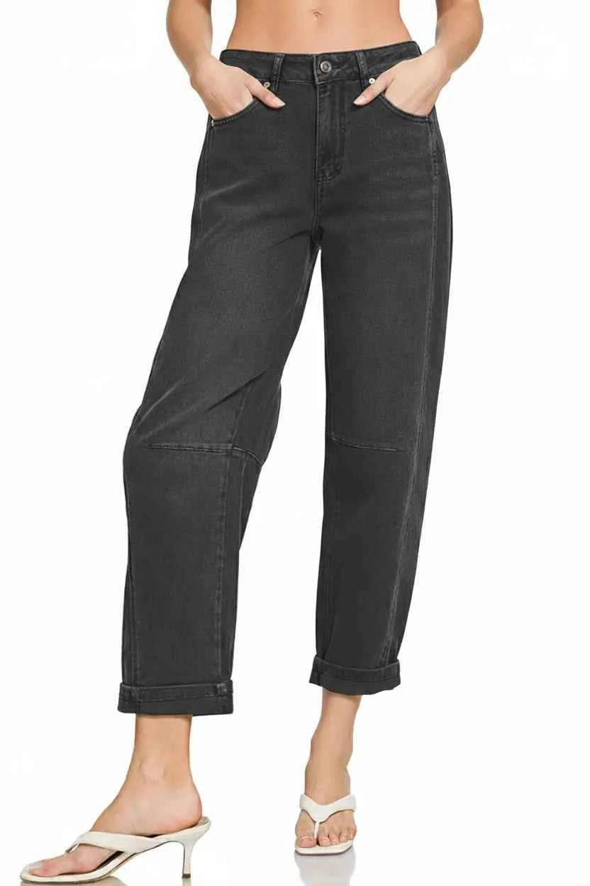 Zenana High Rise Barrel-Leg Cropped Jeans