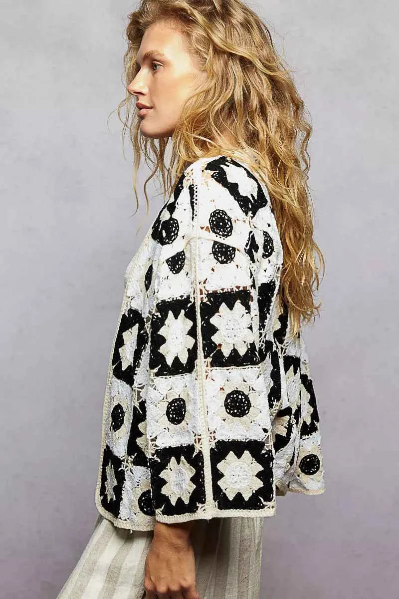 POL Crochet Cardigan Black Multi Open Front with Geometric Floral Patterns c35b43d5-06ab-40b4-bc02-2c30c31f2129-Max-Origin Trendsi