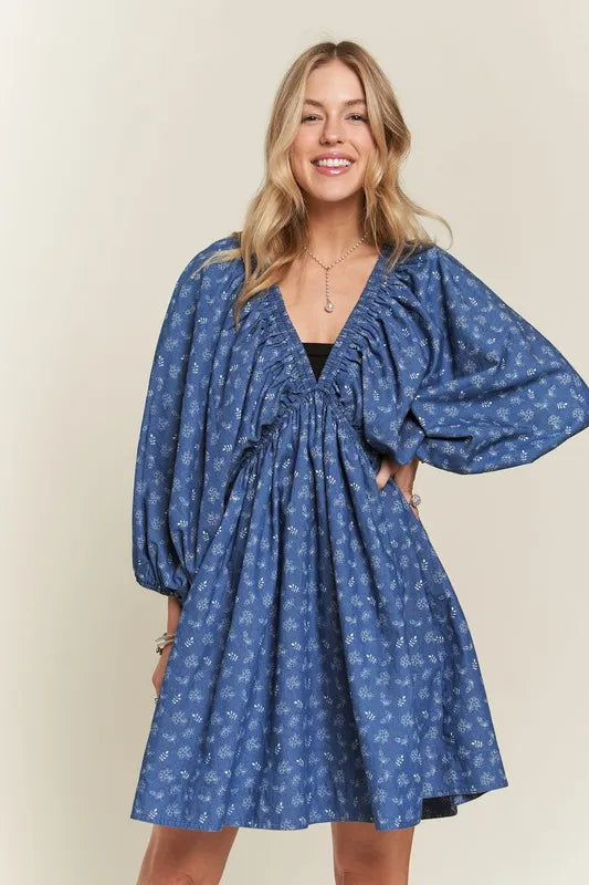 ADORA Mini Dress Batwing Long Sleeves Floral Blue V Neck Oversized c366452179a84ea58b653636e3ede661-Max-Origin Trendsi