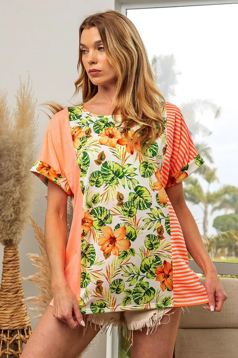 BiBi Floral & Stripe Color Block Dolman Sleeve Top
