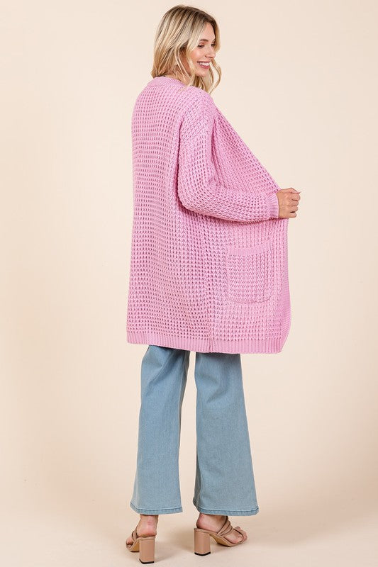 Mittoshop Pink Waffle-Knit Longline Cardigan with Pockets