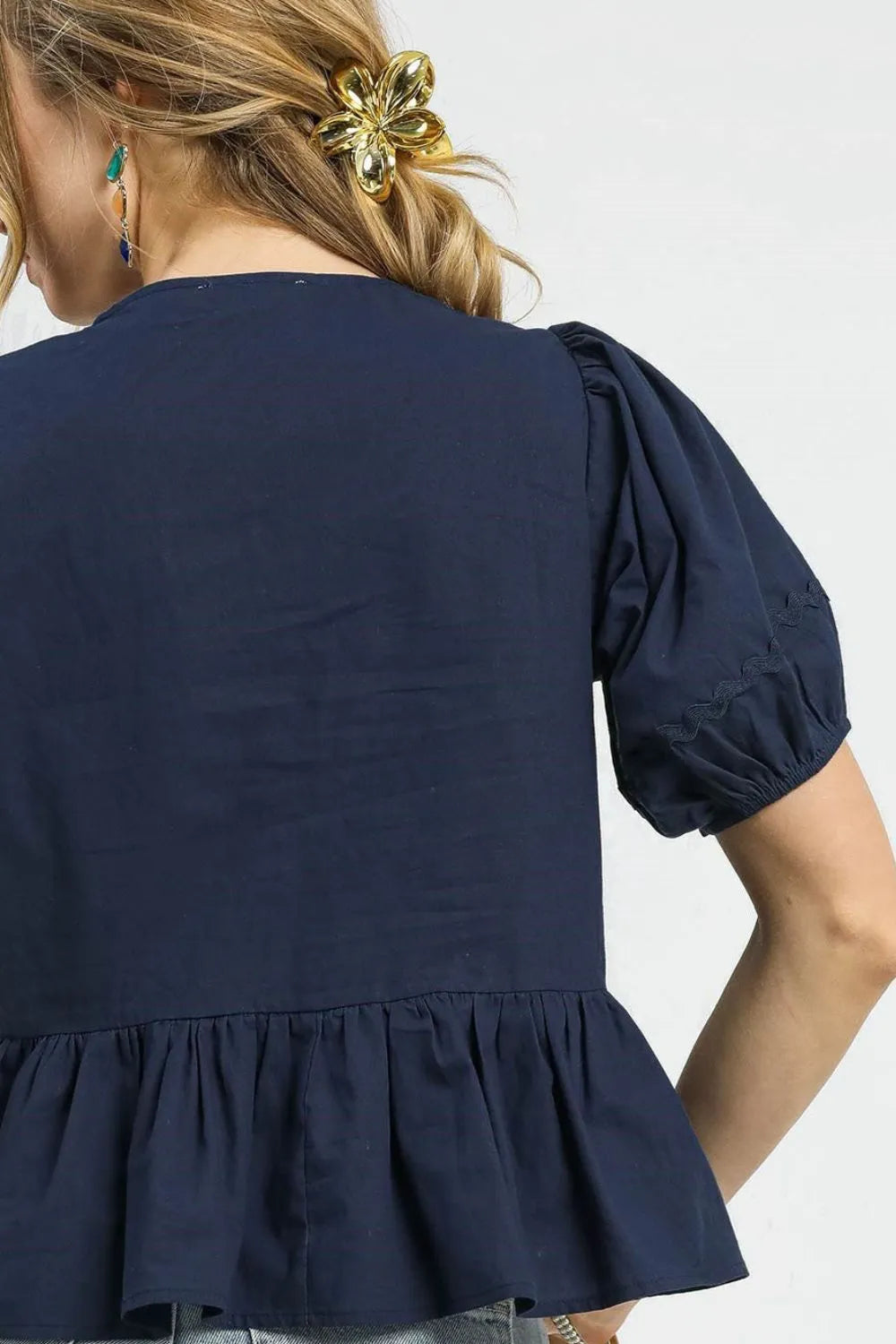 Umgee Cotton Blouse Dark Navy Ruffled Tie Front Puff Short Sleeve Top c36dee44-5c4b-4a86-a24c-2b28cd3c85fd-Max-Origin Trendsi