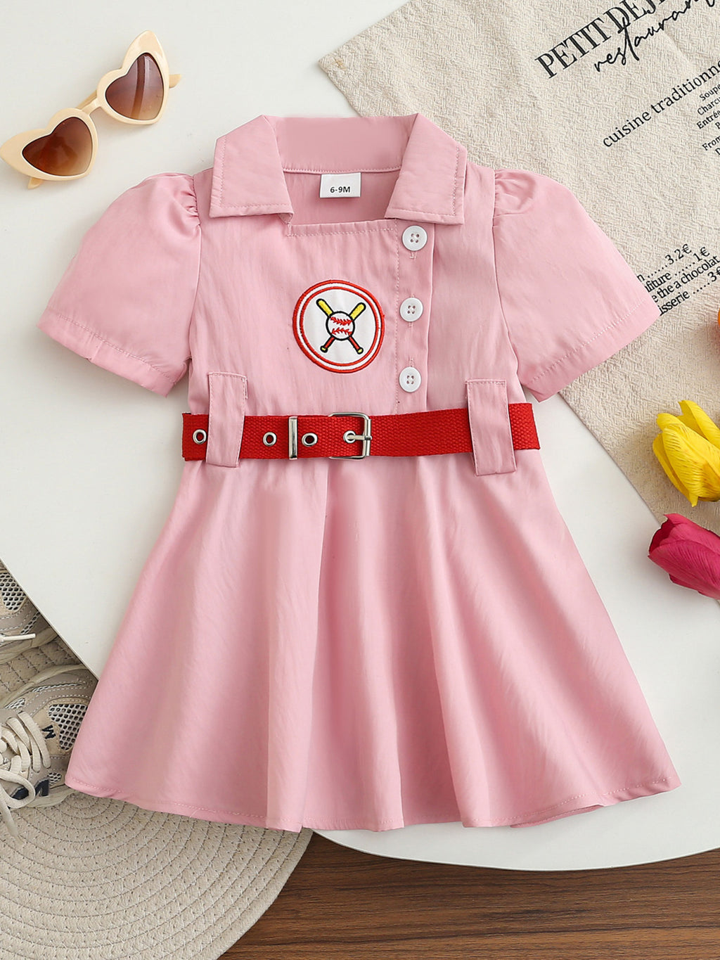 Children's Short Sleeve Dress with Baseball Embroidery and Belt