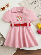 Children's Short Sleeve Dress with Baseball Embroidery and Belt