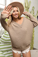 BiBi V-neck Sweater Latte Raw Edged Popcorn Texture Oversized Pullover c376baee162b4657bba17585eebdd68b-Max-Origin Trendsi