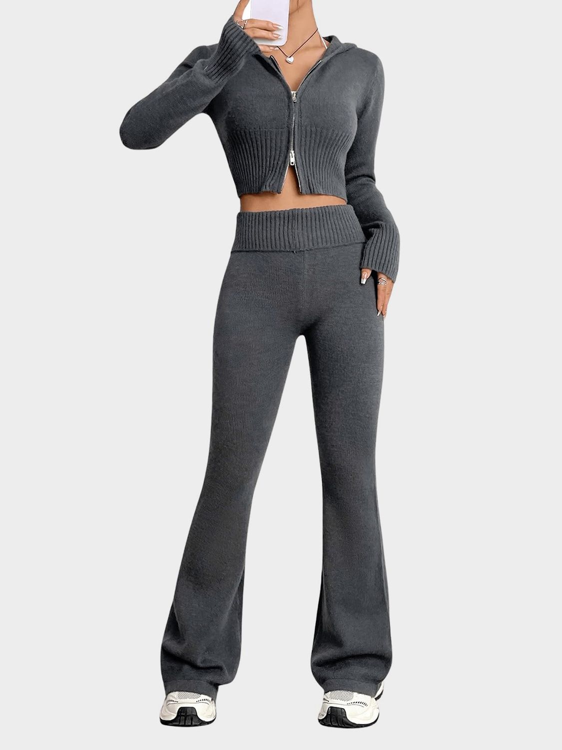 Sweater Set Zip Up Hooded Crop Top and Flare Pants Gray Knit Women 2 Pcs Dark Gray One Size