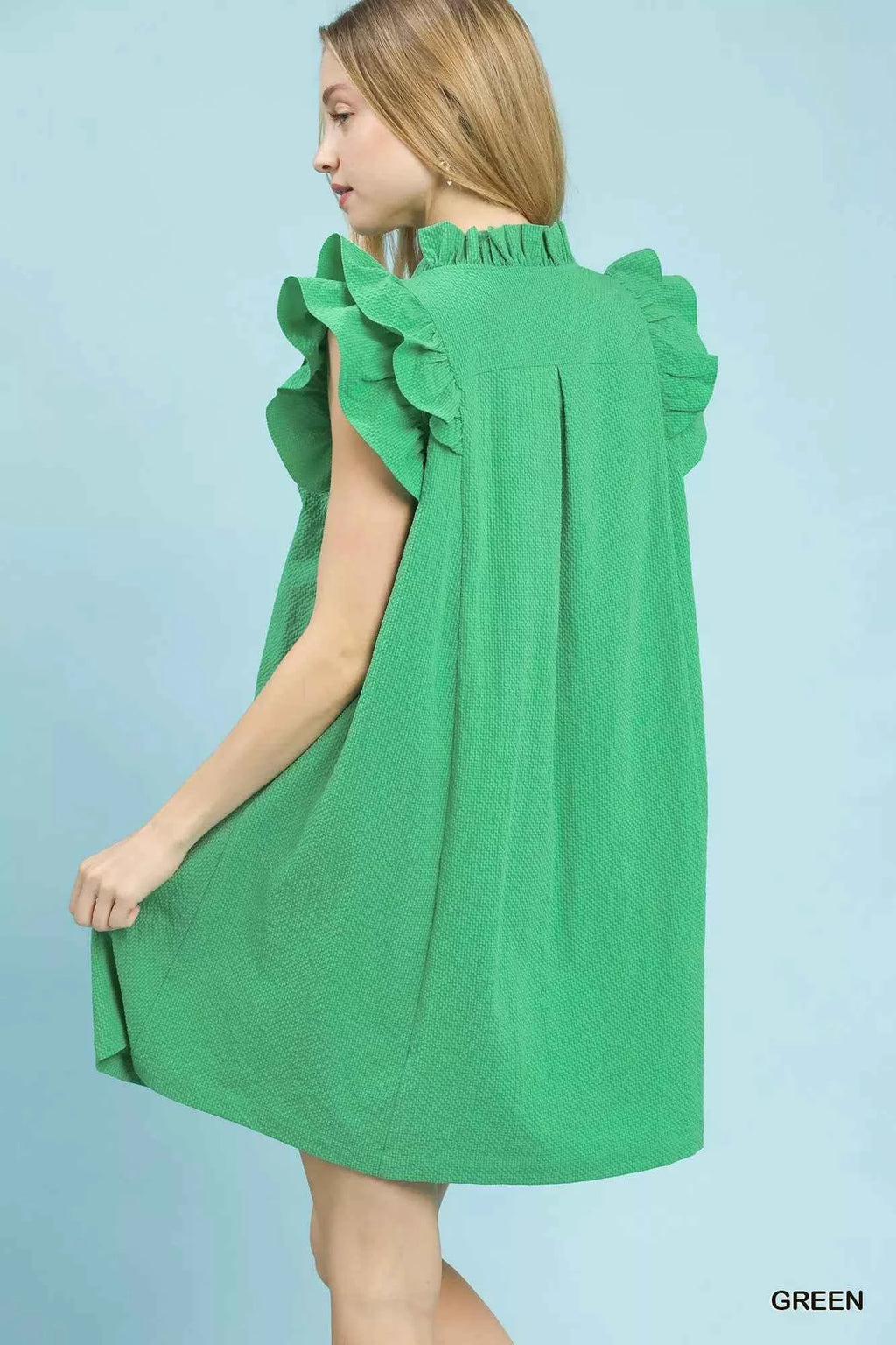 Umgee Shift Dress Green Seersucker Ruffle Short Sleeve c388c3db-a1b5-4f56-a14a-caa71ff990ee-Max-Origin Trendsi