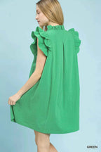 Umgee Shift Dress Green Seersucker Ruffle Short Sleeve c388c3db-a1b5-4f56-a14a-caa71ff990ee-Max-Origin Trendsi