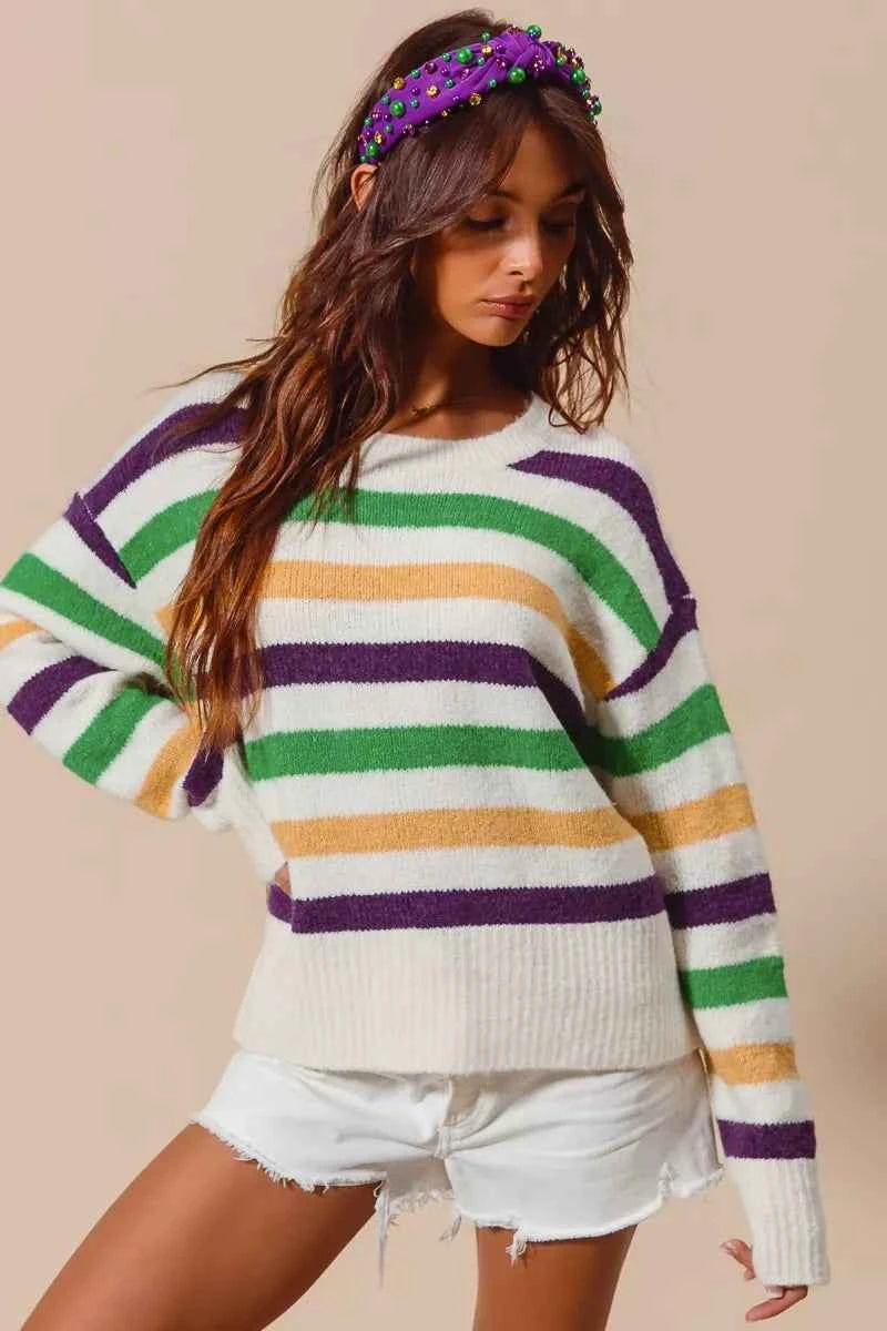 SO ME Sweater Knit Ivory Mardi Gras Color Stripe Long Sleeve Top c38ce1f3af0b41e7b96bdc293a31edd5-Max-Origin Trendsi