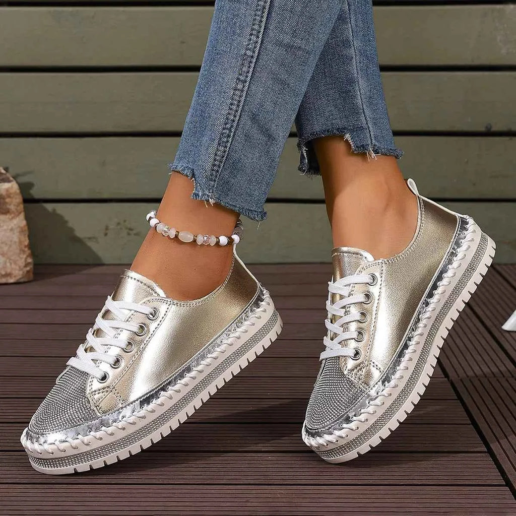 Women Sneakers Round Toe Platform Pu Leather Rhinestone Flat Shoes Gold c38f2dc87d784cf8bc2765d8ceffa672-Max-Origin Trendsi
