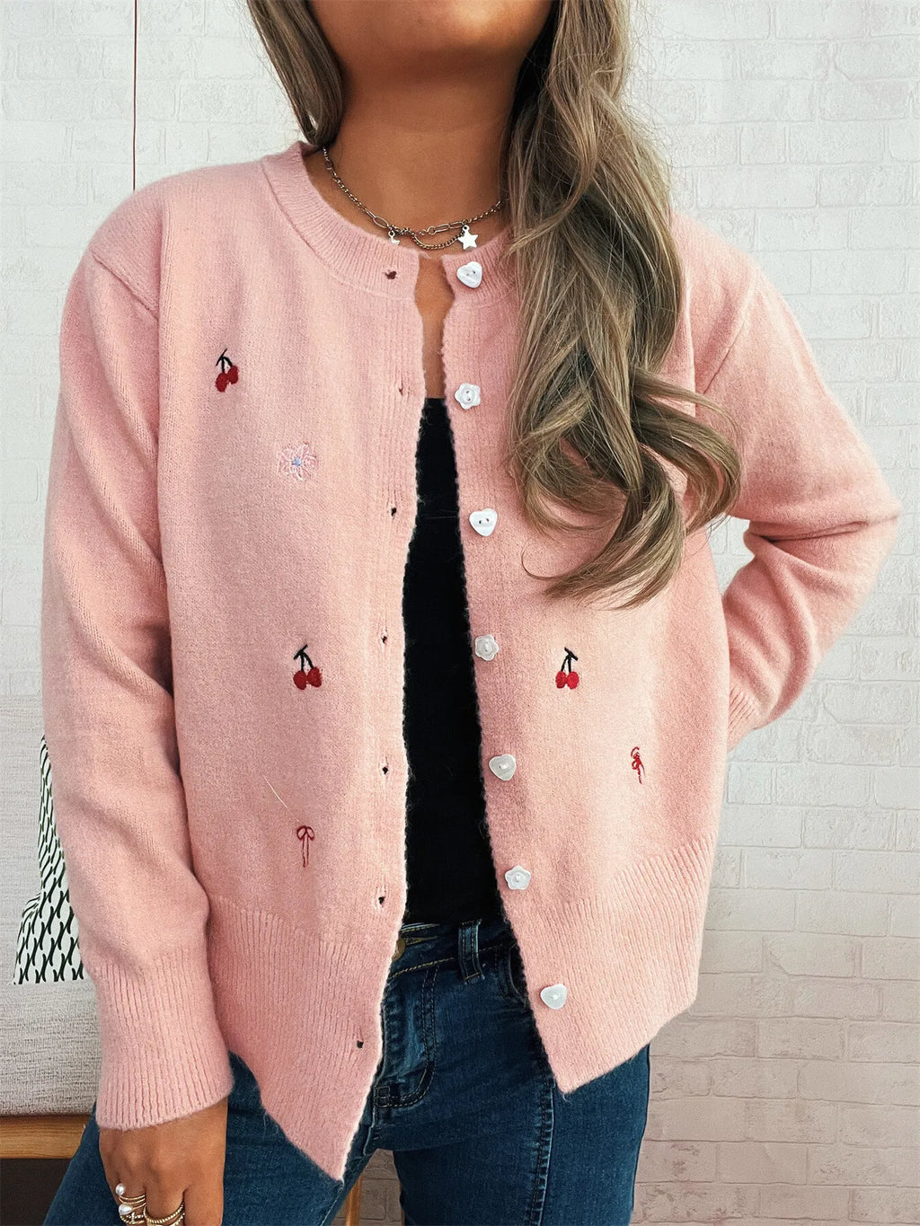 Women's Cardigan Ribbed Button-Front Knit Embroidered Long Sleeve Pink One Size c39c52fc49ec4299bf89cd4974e0a9c6-Max-Origin Trendsi