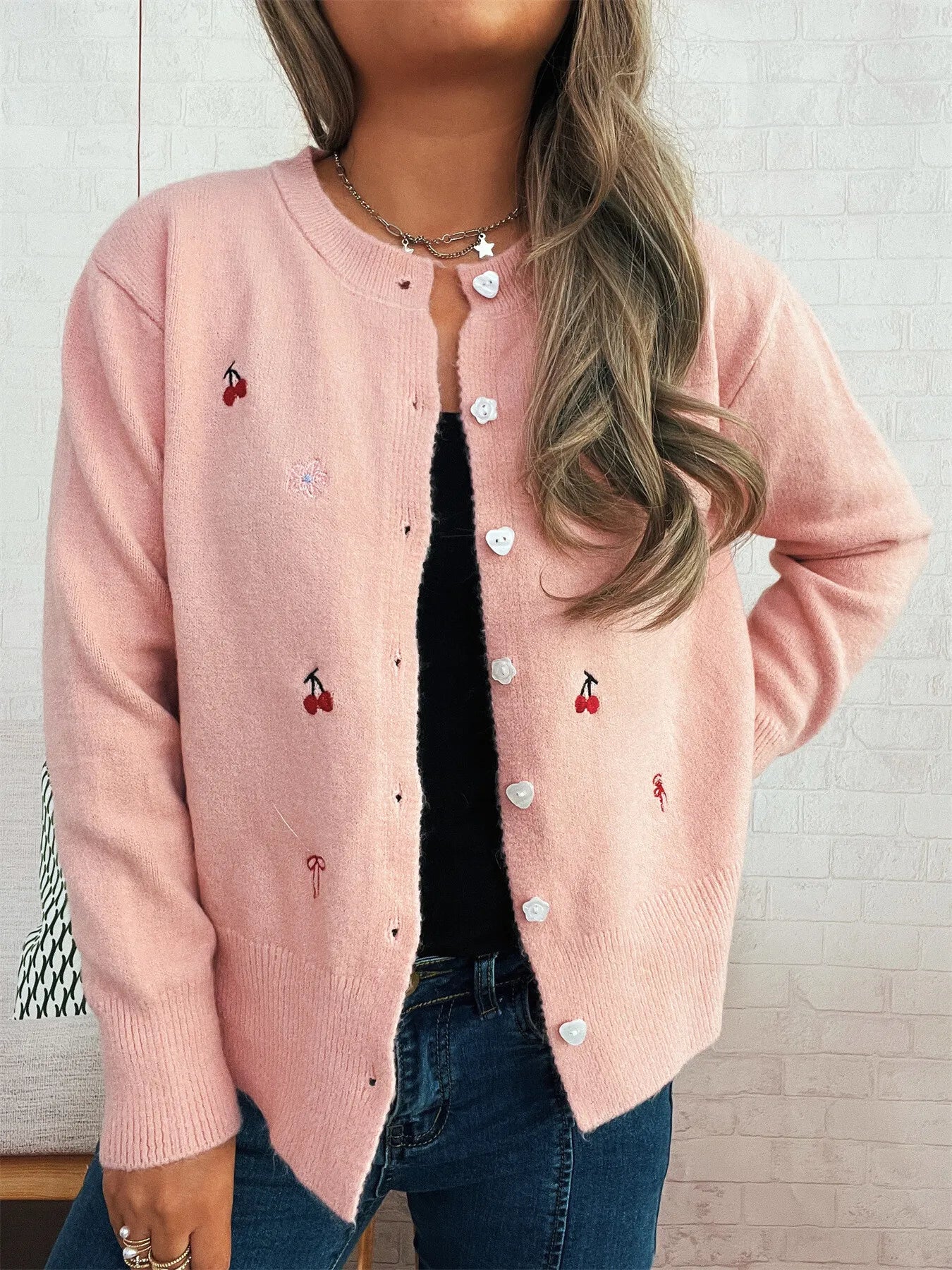 Women's Cardigan Ribbed Button-Front Knit Embroidered Long Sleeve Pink One Size c39c52fc49ec4299bf89cd4974e0a9c6-Max-Origin Trendsi