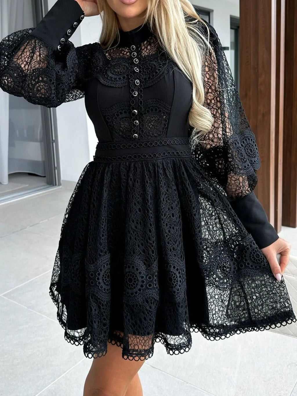 Mini Dress Floral Lace Lantern Long Sleeve Pearl Button High Neck Ruffled Black c39d8b97-d94c-46da-8718-fec3c182c6db-Max-Origin Trendsi