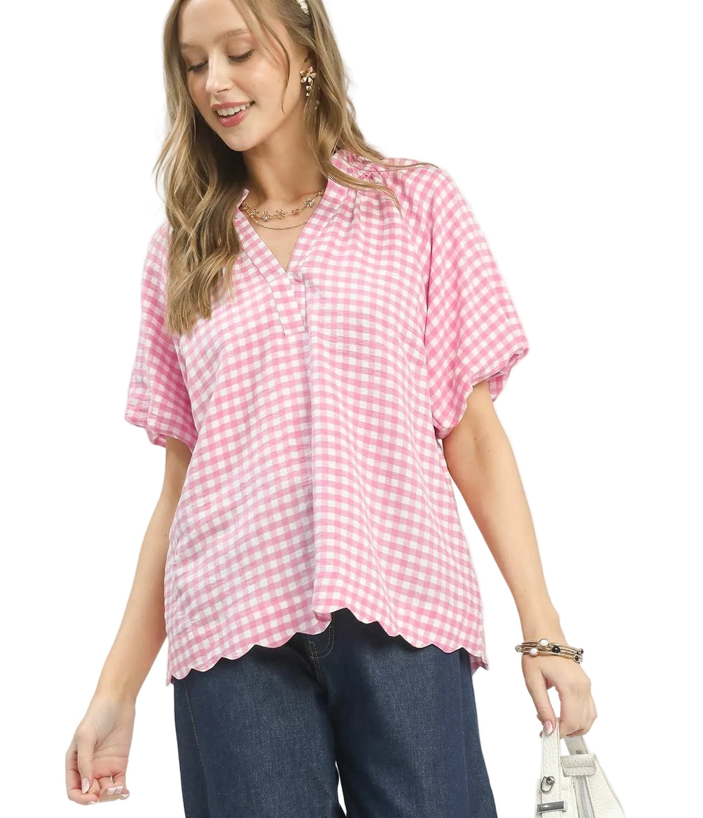 Umgee Gingham Check Bubble Sleeve Blouse with Delicate Scalloped Hem