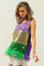 BiBi Sequin Top Mardi Gras Color Block Faux Feather Hem Sleeveless c3a4367f4e80439cb0dc354ab923c2e2-Max-Origin Trendsi