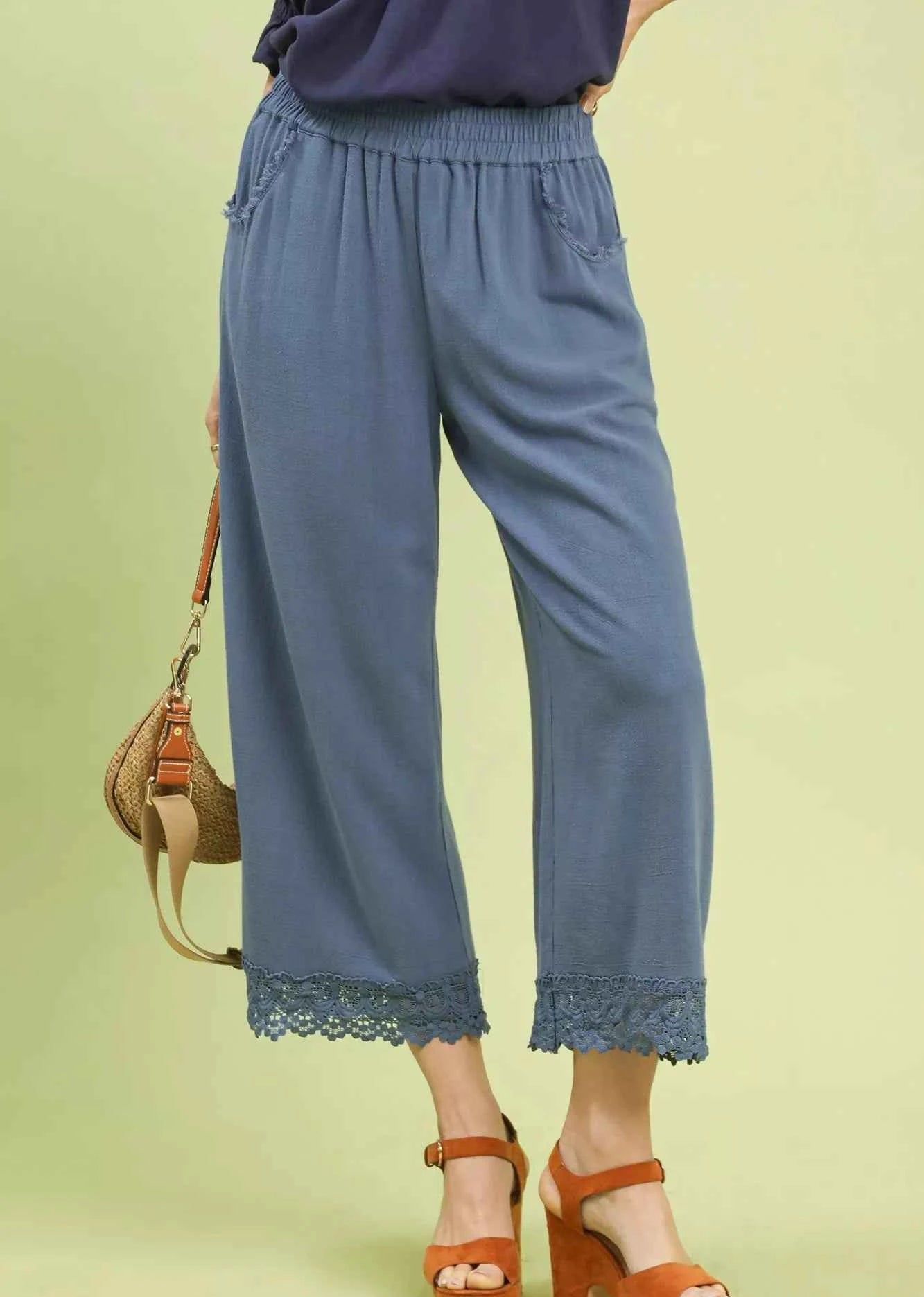 Umgee Wide Leg Cropped Pants Denim Blue Linen Cotton with Lace Trim DENIM c3ae166d-9e3e-4618-9306-dec6dc1a644e-Max-Origin Trendsi