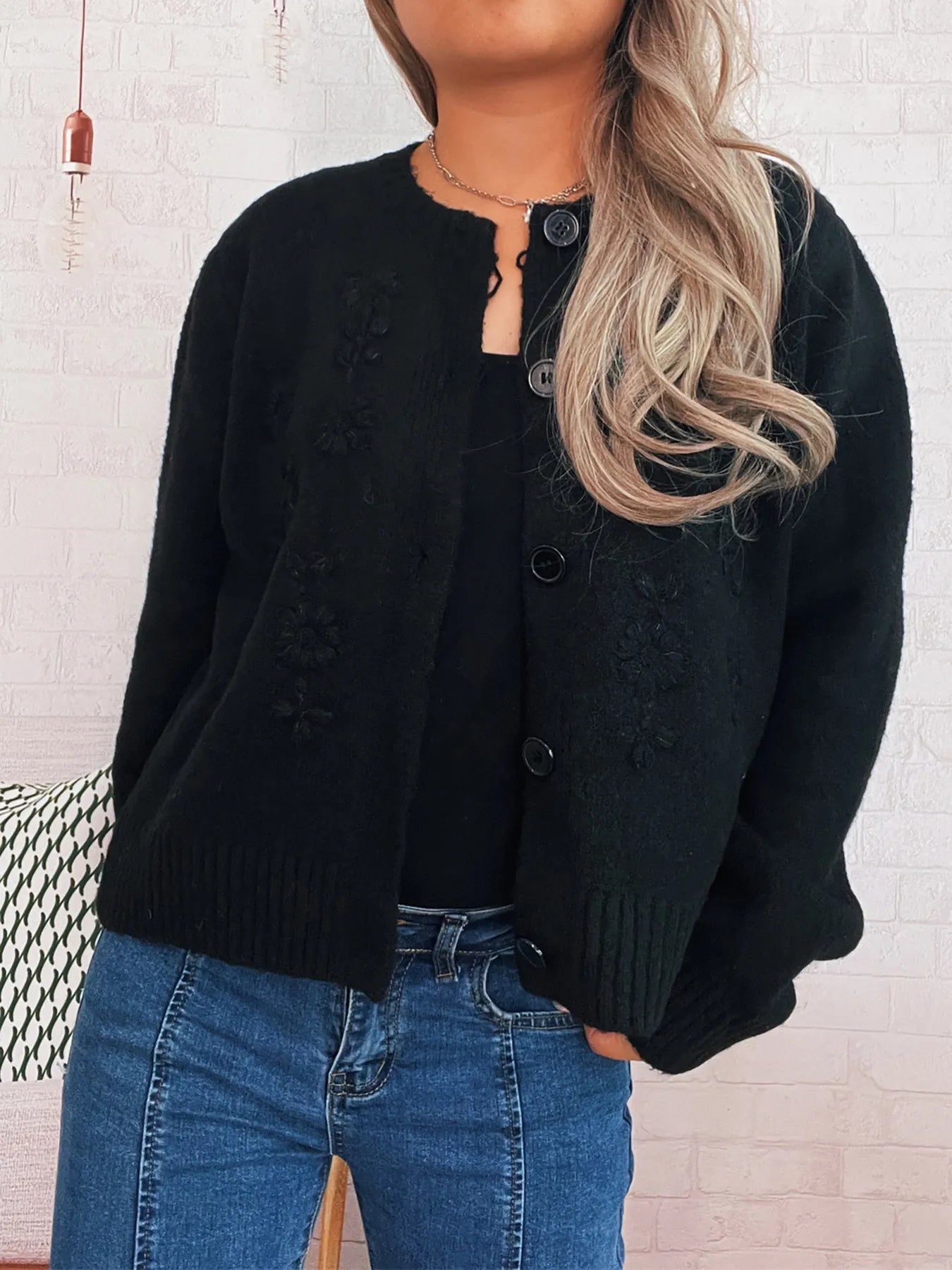 Women's Cardigan Flower Embroidered Button Up Ribbed Hem Round Neck Black One Size-Regular c3b9af86b8ba45fdaf3aad00181d4fcf-Max-Origin Trendsi