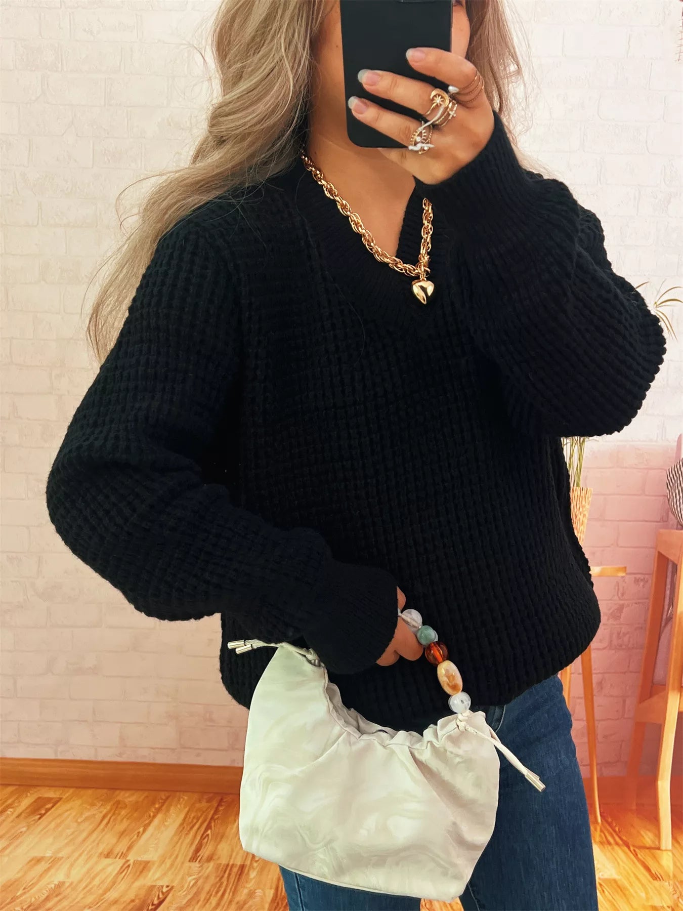 Women's Sweater V-Neck Textured Knit Loose Pullover c3c253180c9a4ebeac81c0c0ff3024dd-Max-Origin Trendsi