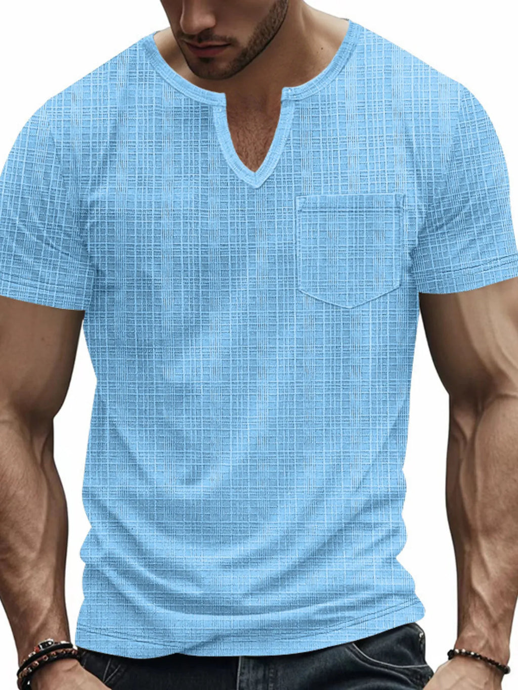 Men's T-Shirt Textured Notched Short Sleeve Pocketed Summer Top Sky Blue c3c325b7a72e4eadac5a644eb5d80ef2-Max-Origin Trendsi