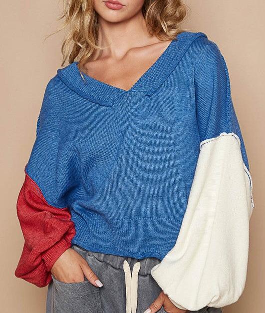 POL Women Sweater 100% cotton Exposed Seam Contrast V-Neck Lantern Sleeve Royal Blue c3d6dc97-04fc-4748-943a-feff93b29f38-Max Trendsi