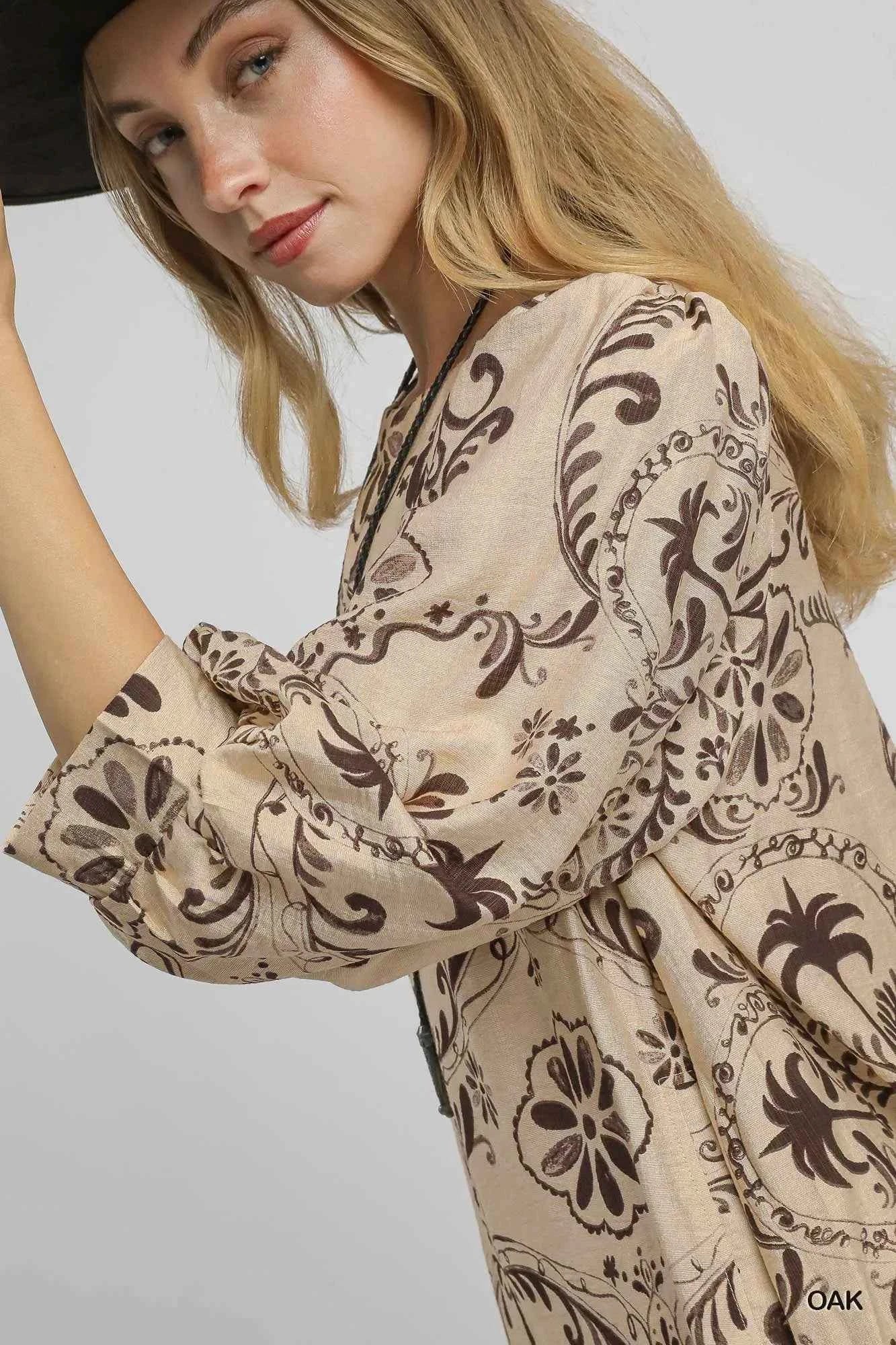 Umgee Boho Printed Balloon Sleeve Mini Dress