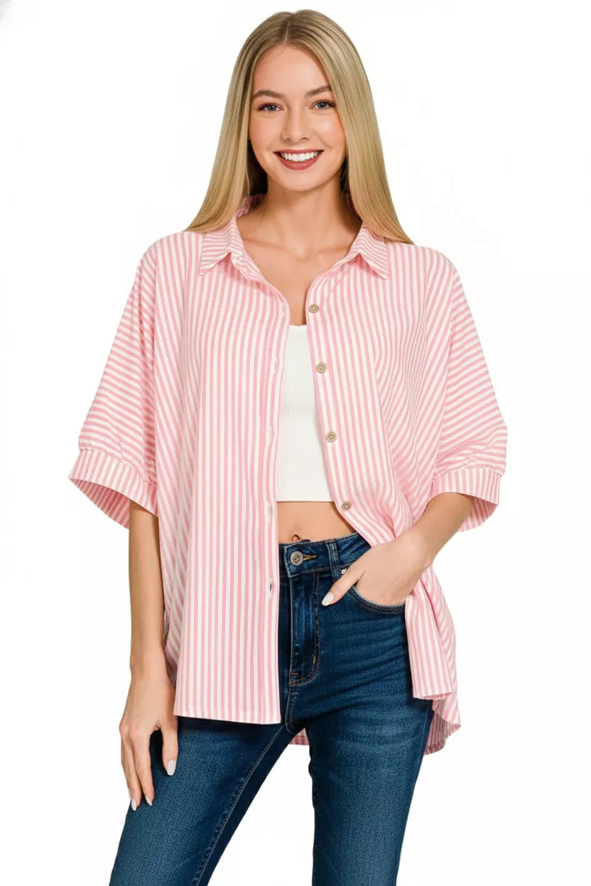 Zenana Oversized Women Shirt Dark Pink Stripe Short Sleeve Top c3dee885-0169-421e-9f19-4dfb2da8f89b-Max-Origin Trendsi
