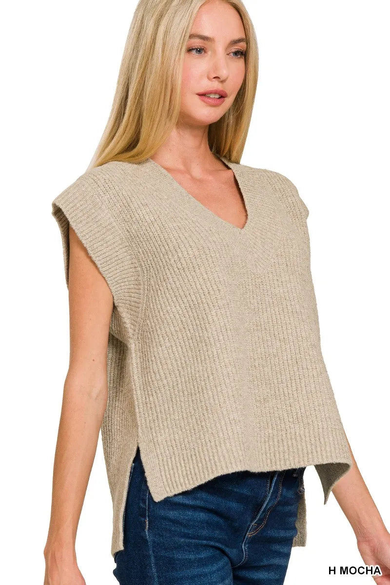 Zenana Sweater Vest Sleeveless Oversized with Side Slit Ribbed Knit V Neck H MOCHA c3f170b1e3c046e1a295827a700b1d27-Max-Origin Trendsi